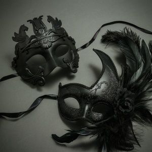 Sexy Black Venetian Pegasus w/ Side Feather Masquerade Couple's Party Face Masks